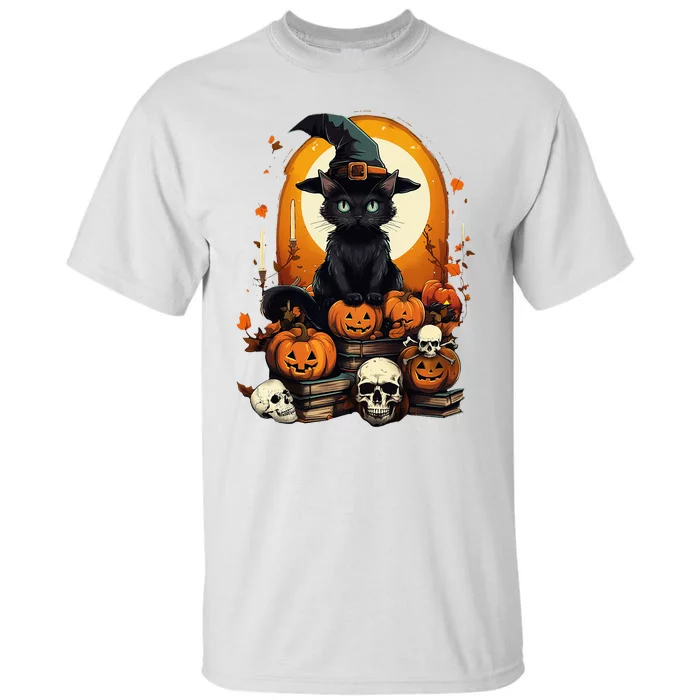 Black Cat Witch Reading Book Spooky Halloween Vibe Tall T-Shirt