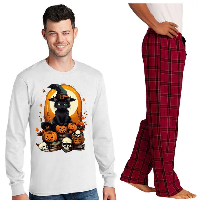 Black Cat Witch Reading Book Spooky Halloween Vibe Long Sleeve Pajama Set