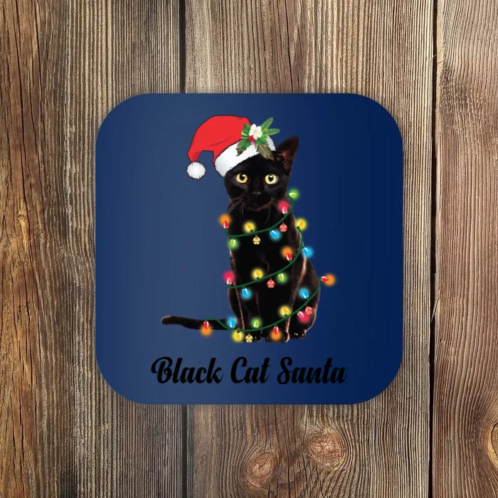 Black Cat With Santa Hat Tangled Up In Christmas Lights Gift Coaster