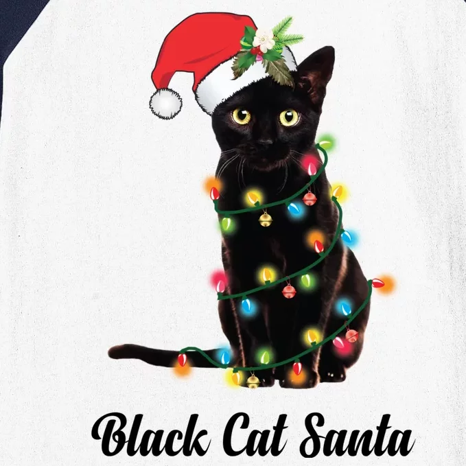 Black Cat With Santa Hat Tangled Up In Christmas Lights Gift Baseball Sleeve Shirt