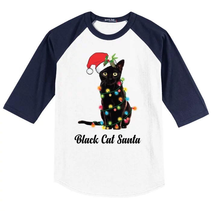 Black Cat With Santa Hat Tangled Up In Christmas Lights Gift Baseball Sleeve Shirt