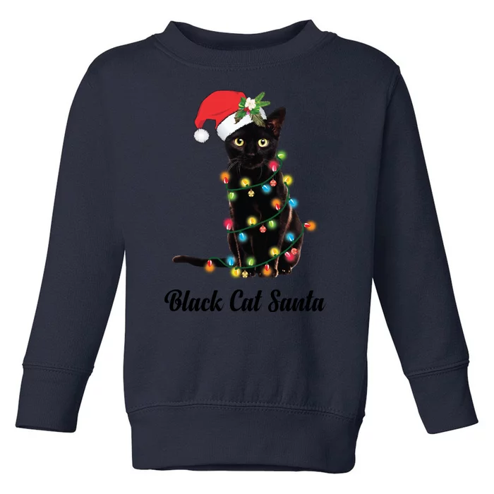 Black Cat With Santa Hat Tangled Up In Christmas Lights Gift Toddler Sweatshirt