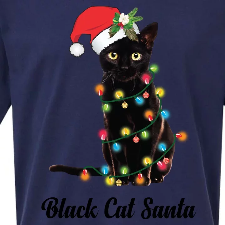 Black Cat With Santa Hat Tangled Up In Christmas Lights Gift Sueded Cloud Jersey T-Shirt