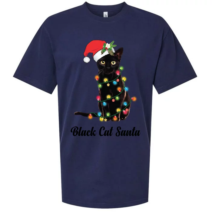 Black Cat With Santa Hat Tangled Up In Christmas Lights Gift Sueded Cloud Jersey T-Shirt