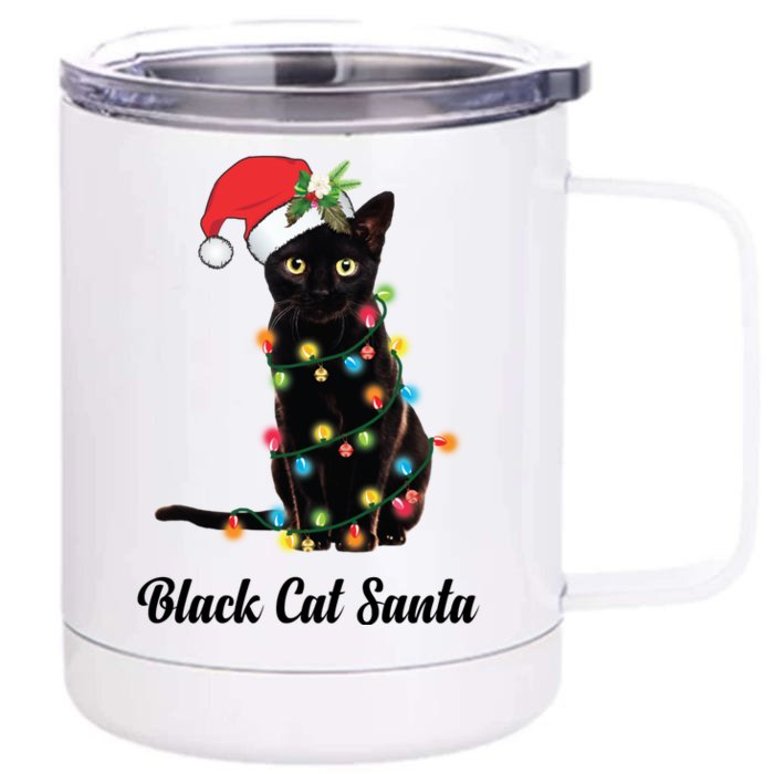 Black Cat With Santa Hat Tangled Up In Christmas Lights Gift Front & Back 12oz Stainless Steel Tumbler Cup