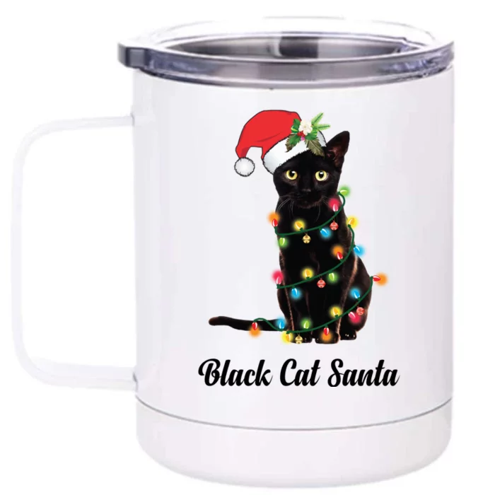 Black Cat With Santa Hat Tangled Up In Christmas Lights Gift Front & Back 12oz Stainless Steel Tumbler Cup