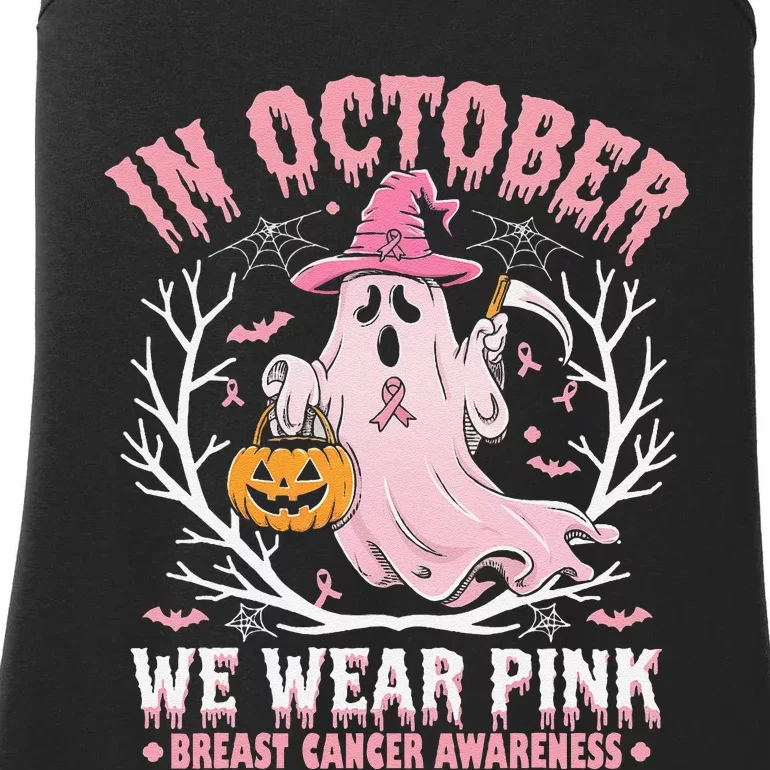 Breast Cancer Women Halloween Ghost In October We Wear Pin.K Ladies Essential Tank