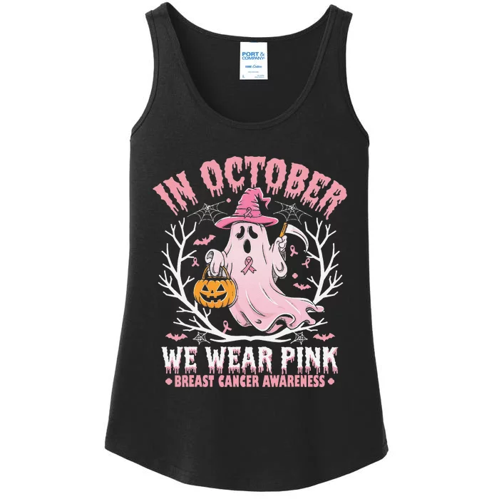 Breast Cancer Women Halloween Ghost In October We Wear Pin.K Ladies Essential Tank