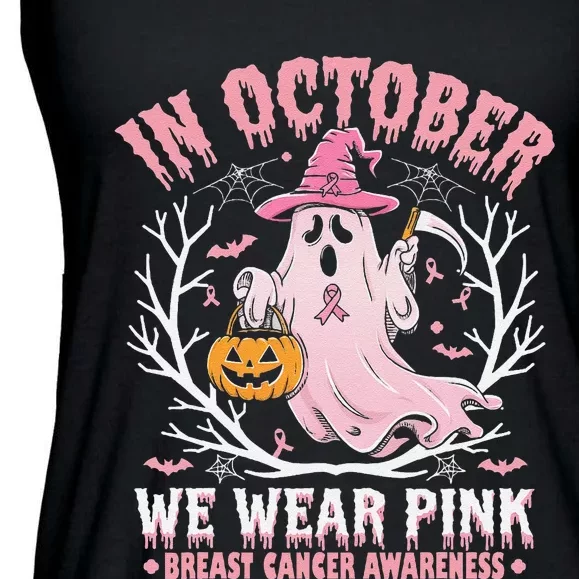 Breast Cancer Women Halloween Ghost In October We Wear Pin.K Ladies Essential Flowy Tank