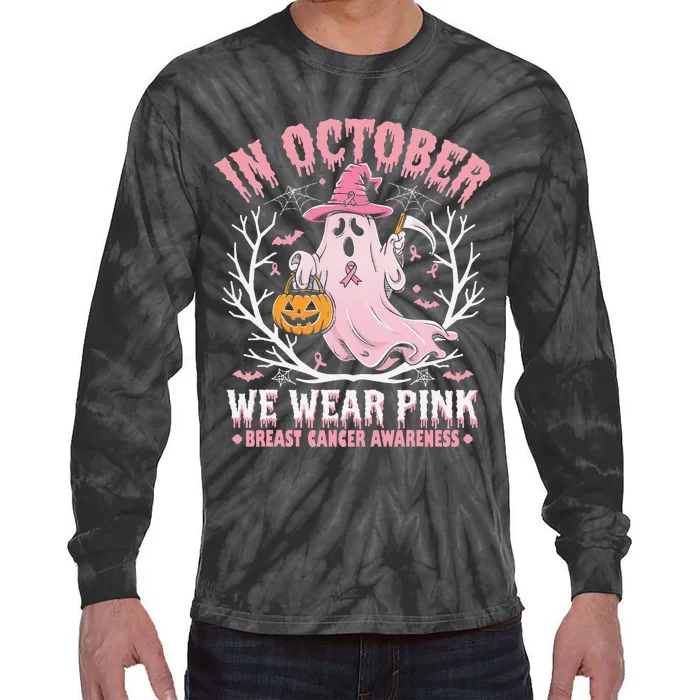 Breast Cancer Women Halloween Ghost In October We Wear Pin.K Tie-Dye Long Sleeve Shirt