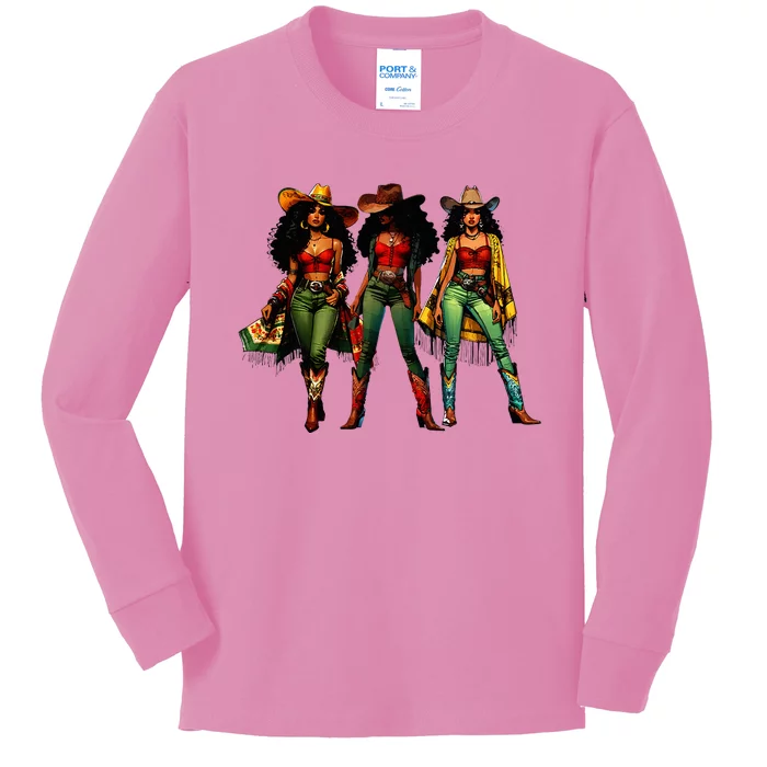 Black Cowgirl Western Rodeo Melanin Juneteenth Kids Long Sleeve Shirt