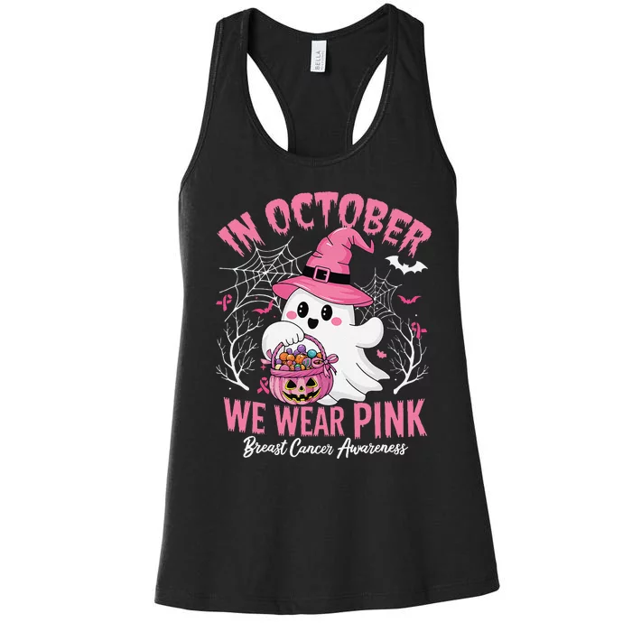 Breast Cancer Women Halloween In October We Wear Pin.K Women's Racerback Tank