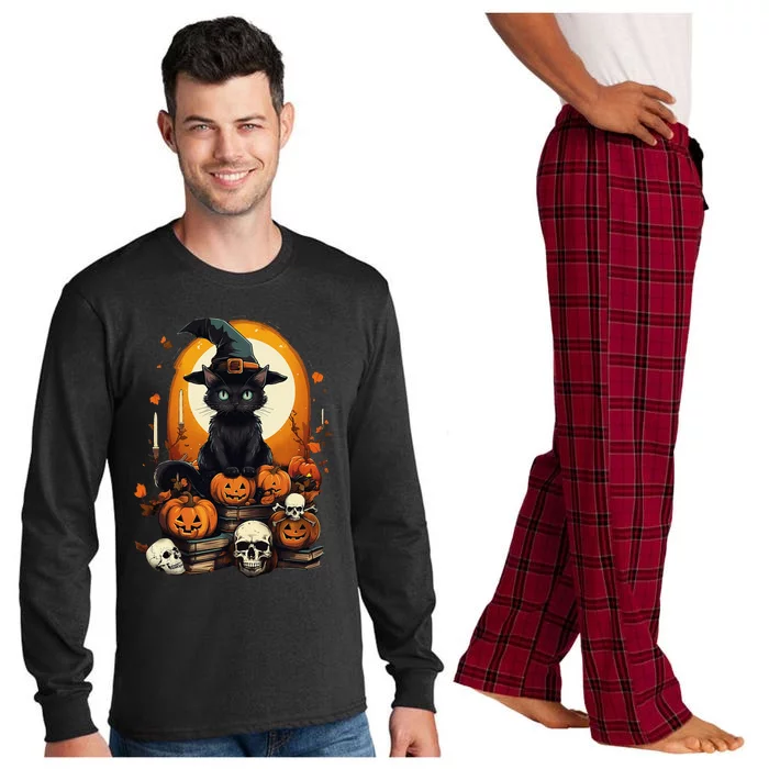 Black Cat Witch Reading Book Spooky Halloween Vibe Funny Long Sleeve Pajama Set