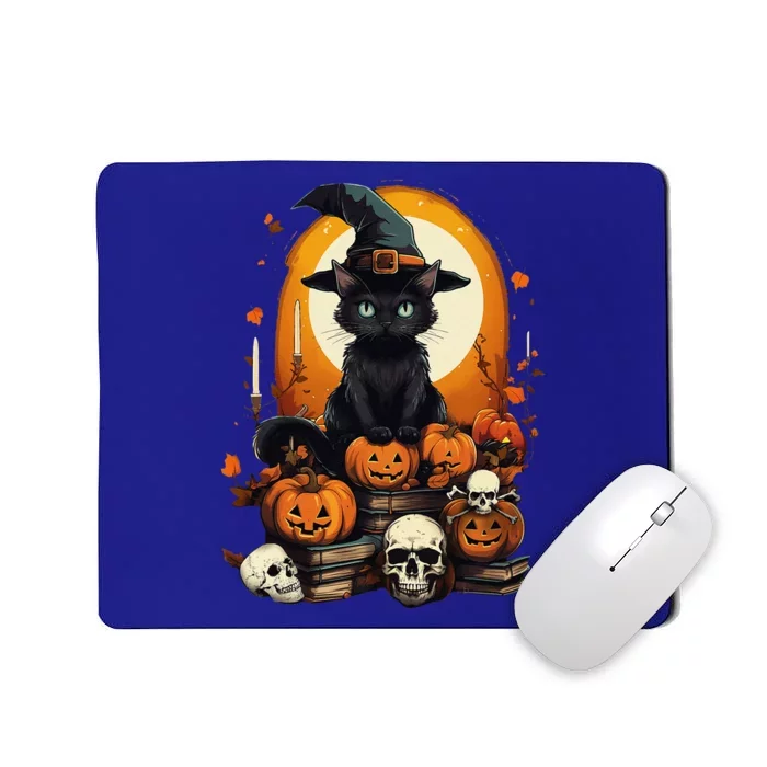 Black Cat Witch Reading Book Spooky Halloween Vibe Funny Mousepad