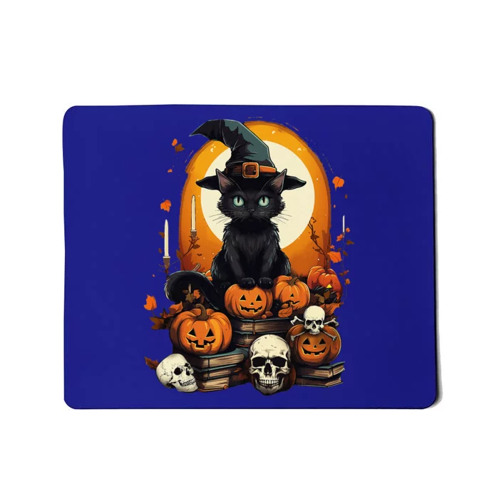 Black Cat Witch Reading Book Spooky Halloween Vibe Funny Mousepad