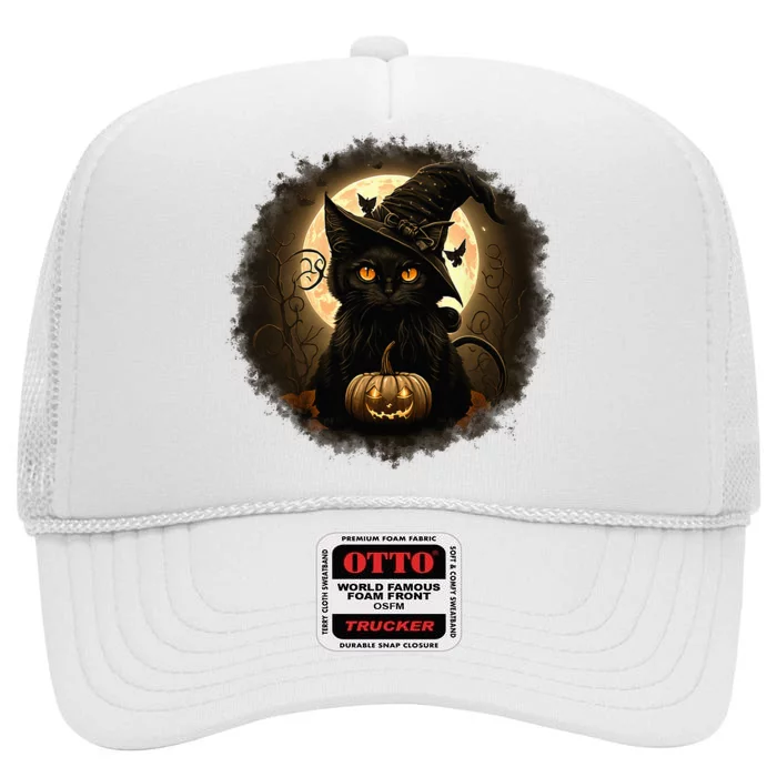 Black Cat Witchy Pumpkin Moon Spooky Halloween High Crown Mesh Trucker Hat