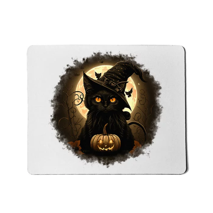 Black Cat Witchy Pumpkin Moon Spooky Halloween Mousepad