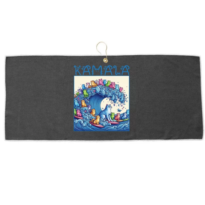 Blue Cats Wave For Kamala Harris 2024 Funny Cat Lady Large Microfiber Waffle Golf Towel