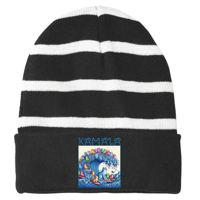 Blue Cats Wave For Kamala Harris 2024 Funny Cat Lady Striped Beanie with Solid Band