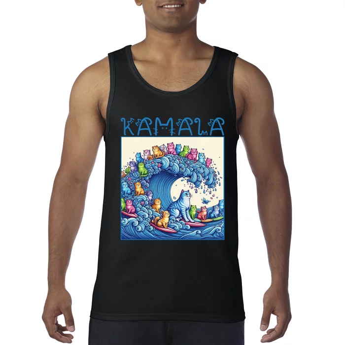 Blue Cats Wave For Kamala Harris 2024 Funny Cat Lady Tank Top