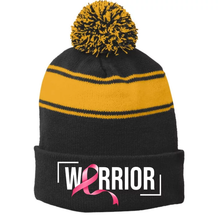 Breast Cancer Warrior Ribbon Stripe Pom Pom Beanie