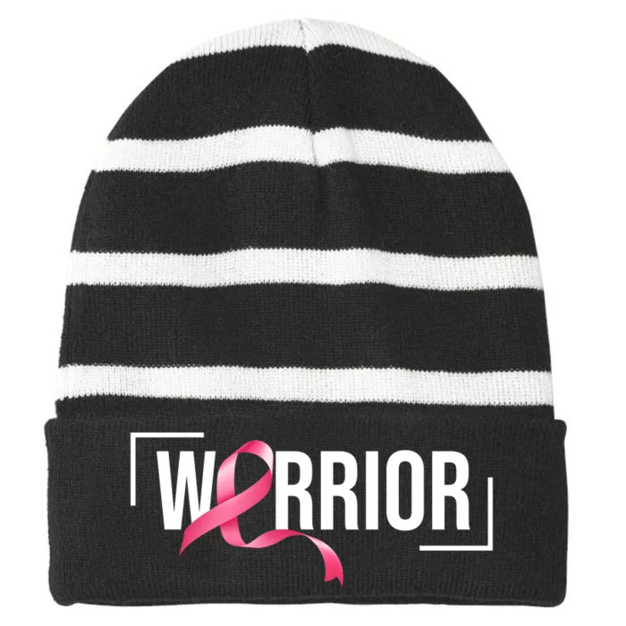 Breast Cancer Warrior Ribbon Striped Beanie with Solid Band