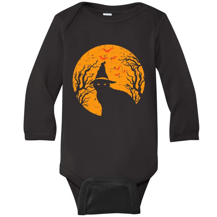 Black Cat WItch Full Moon Vintage Halloween Baby Long Sleeve Bodysuit