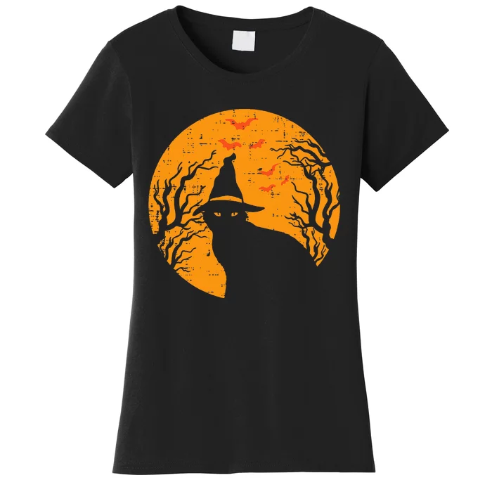 Black Cat WItch Full Moon Vintage Halloween Women's T-Shirt