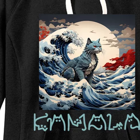 Blue Cats Wave For Kamala Funny Catzilla Women's Fleece Hoodie