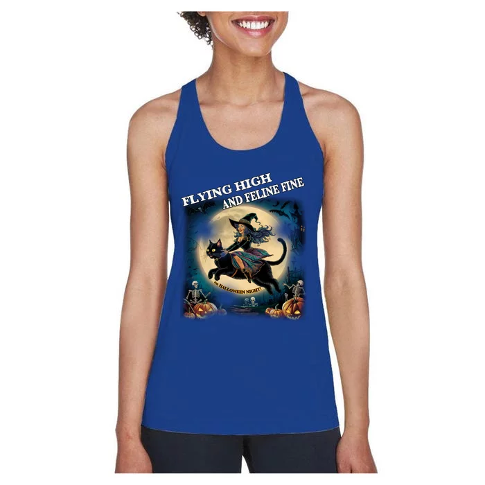 Black Cat Witch Full Moon Vintage Halloween Feline Rider Gift Women's Racerback Tank