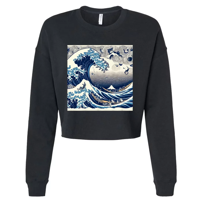 Blue Cats Wave For Kamala Funny Cat Ladies Cropped Pullover Crew