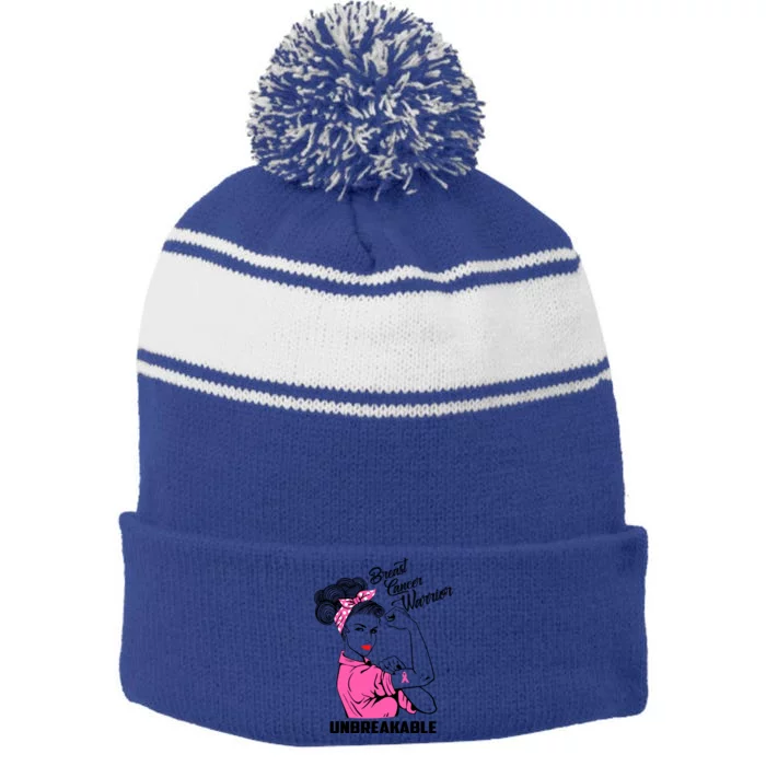 Breast Cancer Warrior Unbreakable Breast Cancer Awareness Meaningful Gift Stripe Pom Pom Beanie