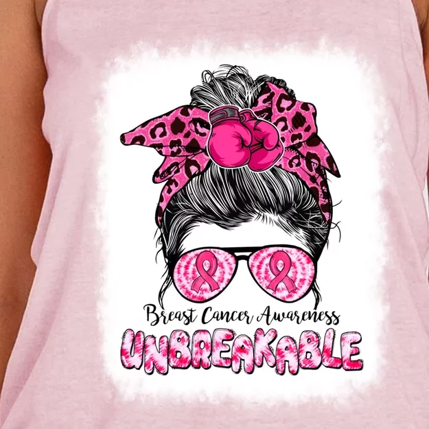 Breast Cancer Warriors Messy Bun Pink Ribbon Unbreakable Funny Gift Women's Knotted Racerback Tank