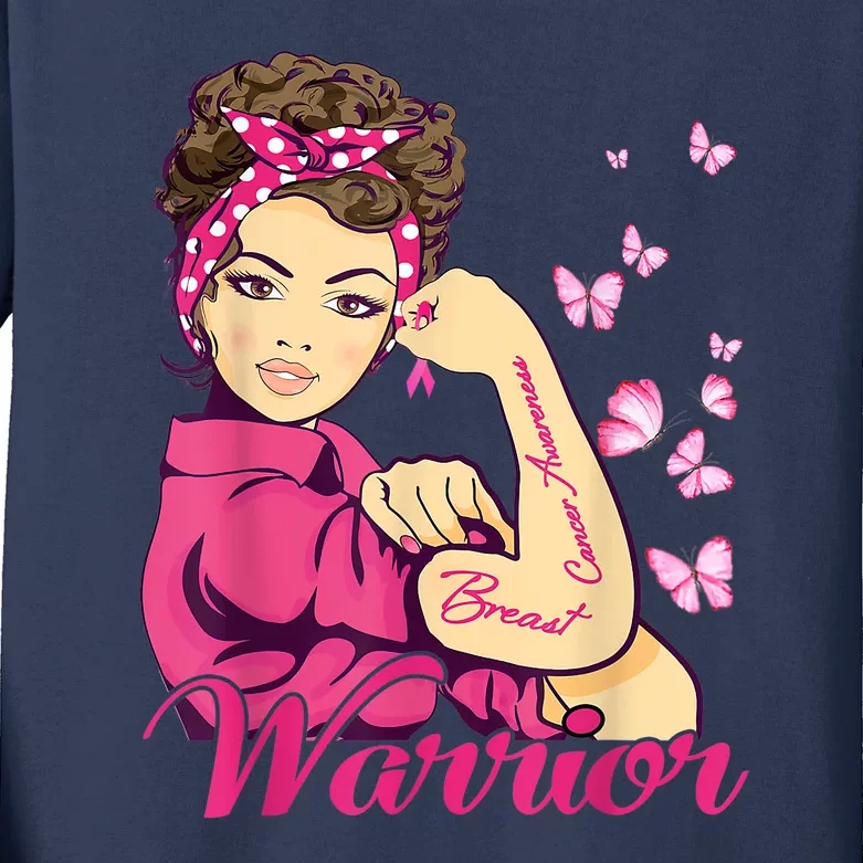 Breast Cancer Warrior Rosie Riveter Pink Ribbon Unbreakable Kids Long Sleeve Shirt