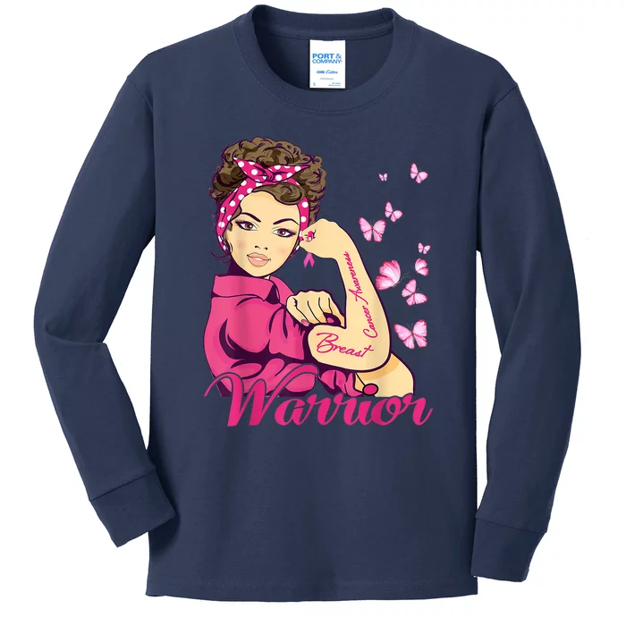 Breast Cancer Warrior Rosie Riveter Pink Ribbon Unbreakable Kids Long Sleeve Shirt