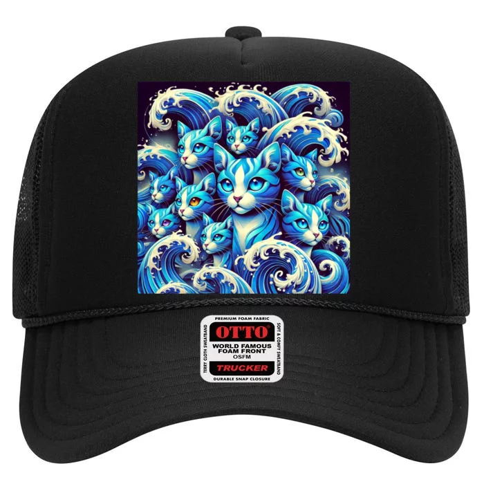 Blue Cats Wave For Kamala Funny Childless Cat Lady High Crown Mesh Trucker Hat