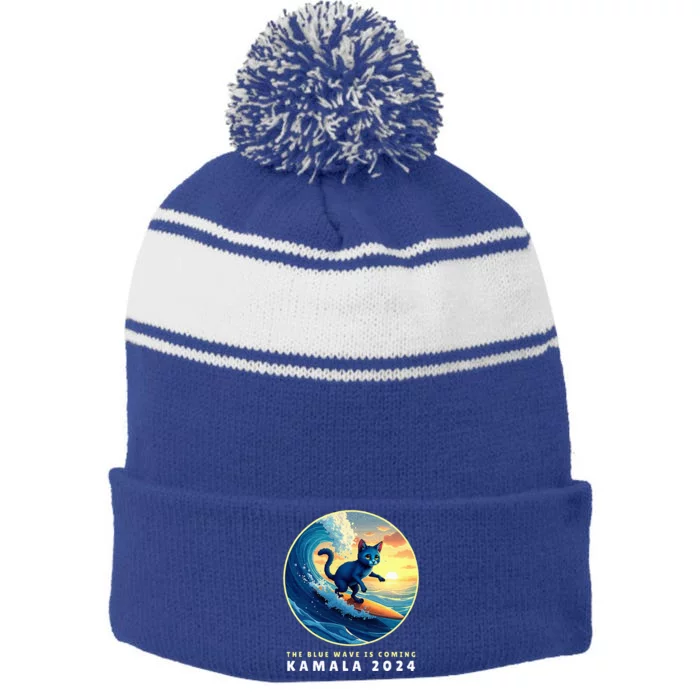 Blue Cats Wave For Kamala Funny Cat Lady Harris President Stripe Pom Pom Beanie