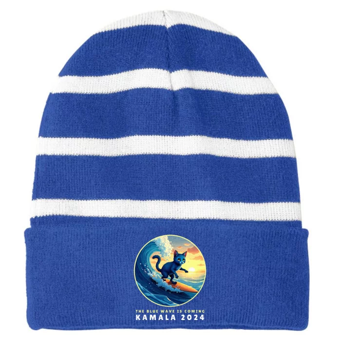 Blue Cats Wave For Kamala Funny Cat Lady Harris President Striped Beanie with Solid Band