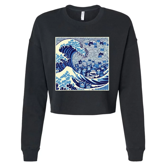 Blue Cats Wave For Kamala Funny Cat Lady Cropped Pullover Crew