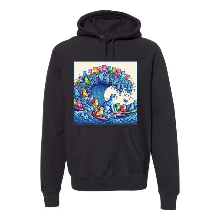 Blue Cats Wave For Kamala Funny Cat Lady Premium Hoodie