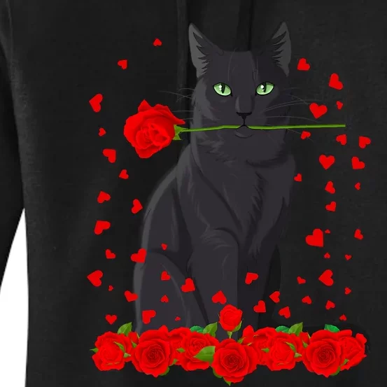 Black Cat With Red Roses Valentine's Day Design Women's Pullover Hoodie