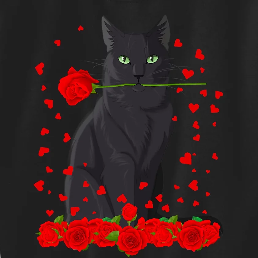 Black Cat With Red Roses Valentine's Day Design Kids Sweatshirt