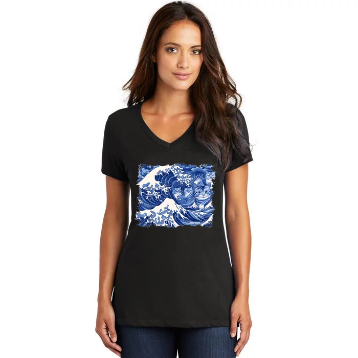 Blue Cats Wave For Kamala Funny Kamala Harris Cat Loversblue Cats Wave For Kamal Women's V-Neck T-Shirt