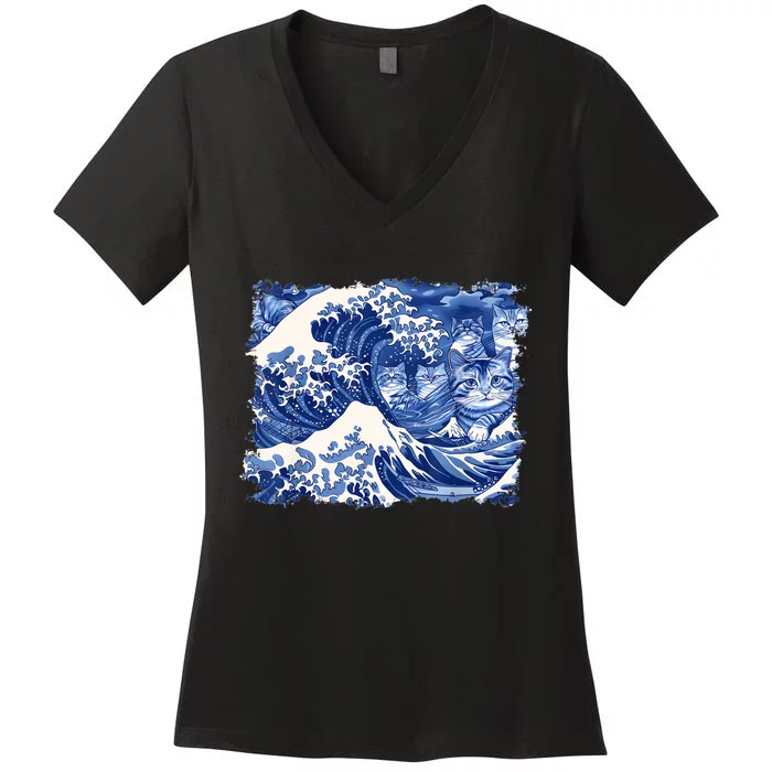 Blue Cats Wave For Kamala Funny Kamala Harris Cat Loversblue Cats Wave For Kamal Women's V-Neck T-Shirt