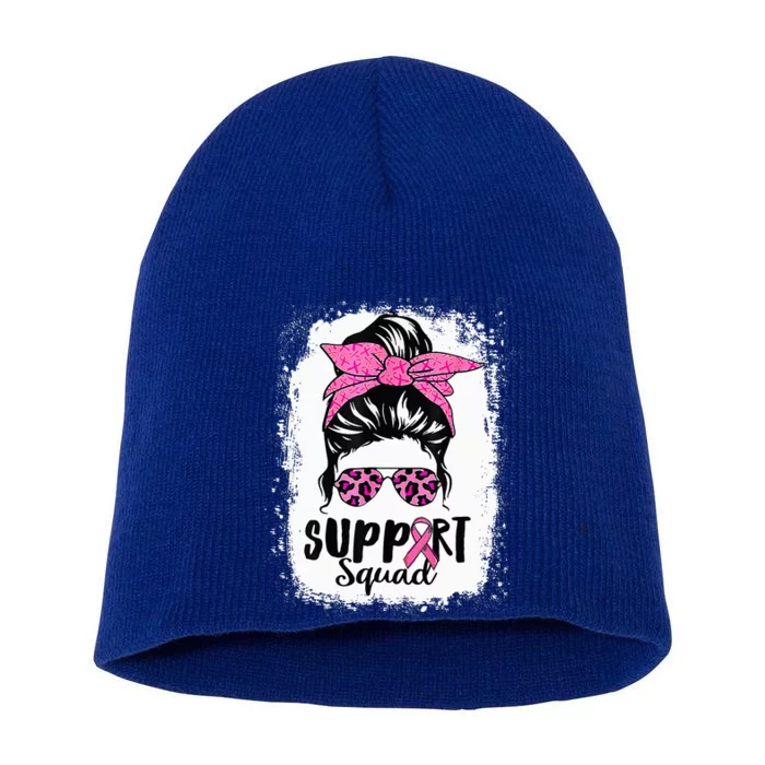 Breast Cancer Warrior Support Squad Messy Bun Pink Ribbon Short Acrylic Beanie