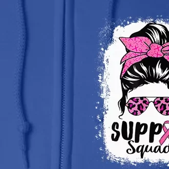 Breast Cancer Warrior Support Squad Messy Bun Pink Ribbon Full Zip Hoodie