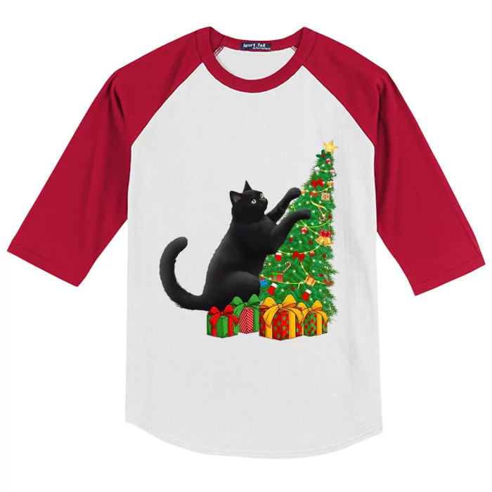 Black Cat Xmas Lights Santa Black Cat Christmas Tree Gift Kids Colorblock Raglan Jersey