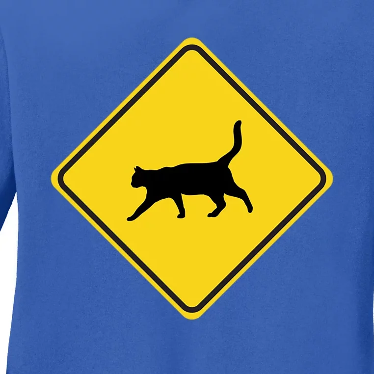 Black Cat Xing Sign Gift Yellow Crossing Funny Gift Ladies Long Sleeve Shirt