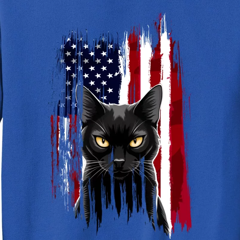 Black Cat Yellow Eyes Patriotic American Flag Kitten Lover Tall Sweatshirt