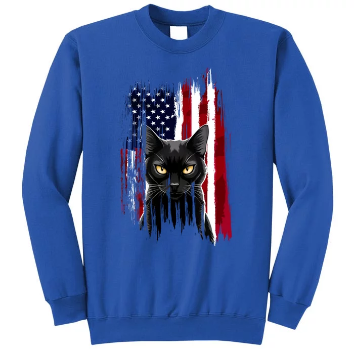 Black Cat Yellow Eyes Patriotic American Flag Kitten Lover Tall Sweatshirt